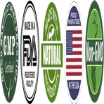 A tile of five small marks from the seller&rsquo;s artwork: GMP, made in an FDA registered facility, natural, made in the USA and non-GMO