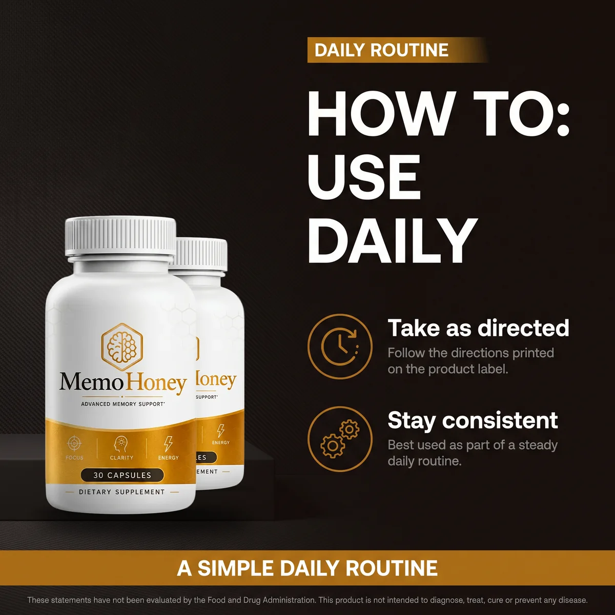 The MemoHoney daily-routine graphic: take as directed, stay consistent