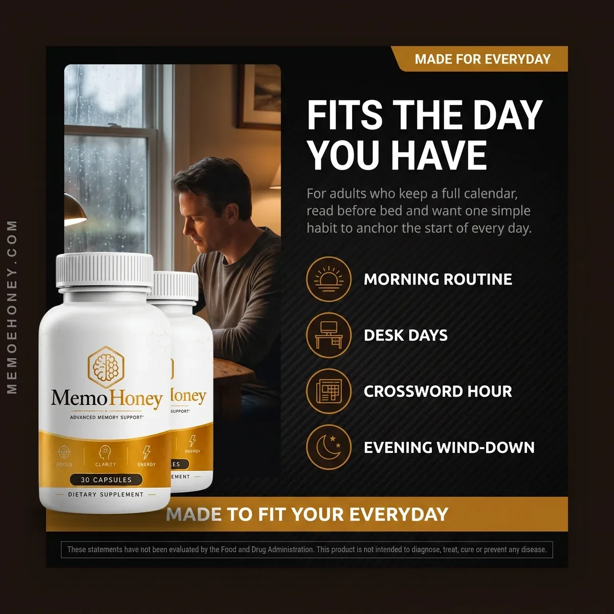 The MemoHoney everyday-use scene: a man at a window with two bottles