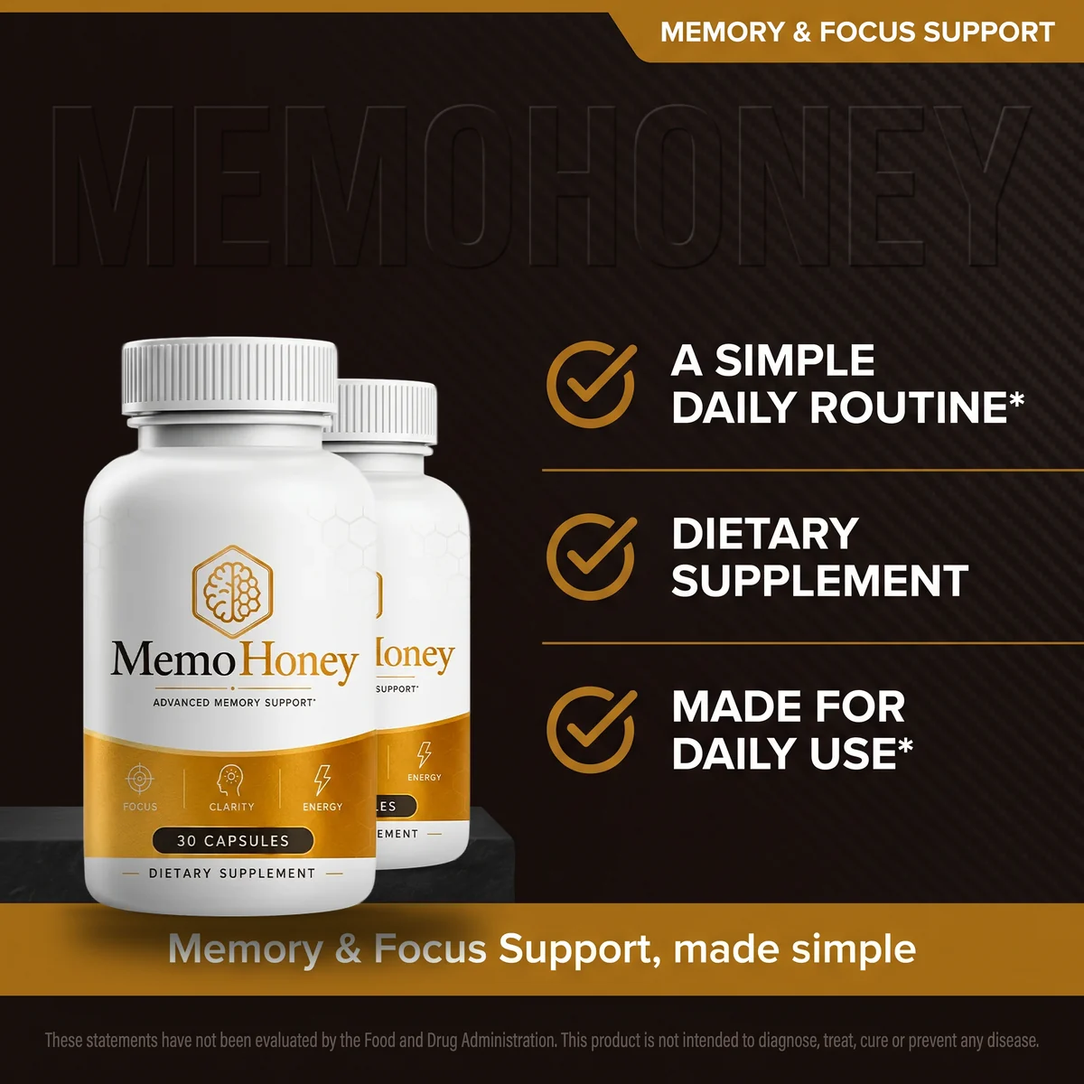 The MemoHoney simple-routine graphic beside two bottles